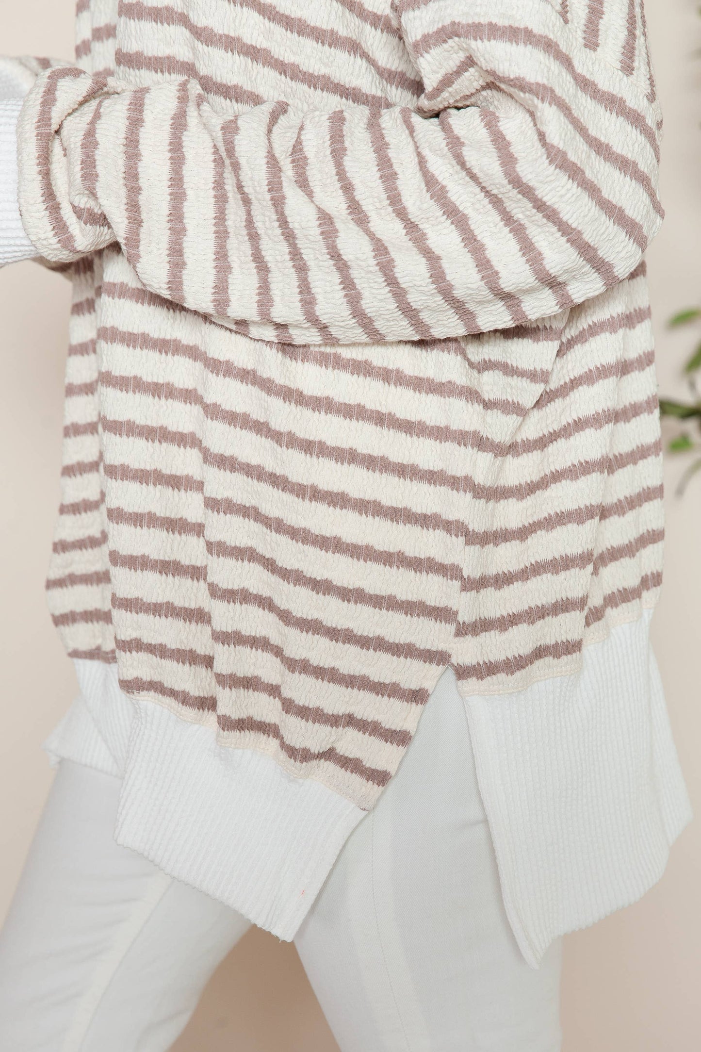 Avery Cotton Stripe Tunic With Side Slits - Taupe