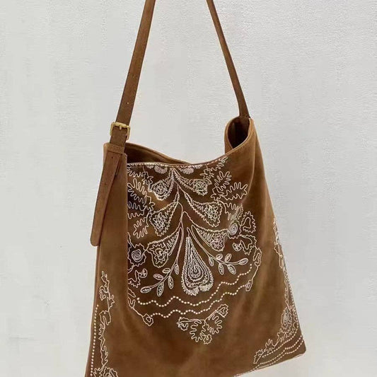 Bohemian Embroidered Velvet Tote: Light Camel Browm