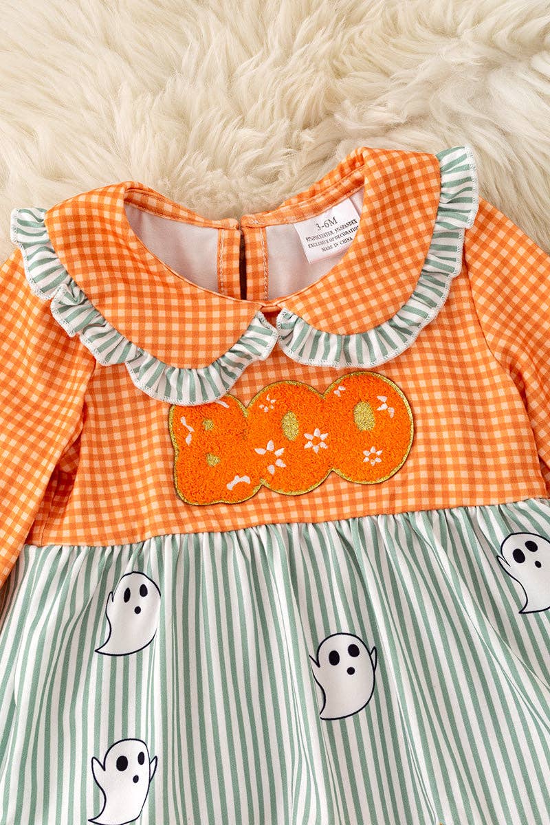 Orange gingham & stripe printed baby dress w/attached bloomers. RPG62348 JEAN: 3-6M