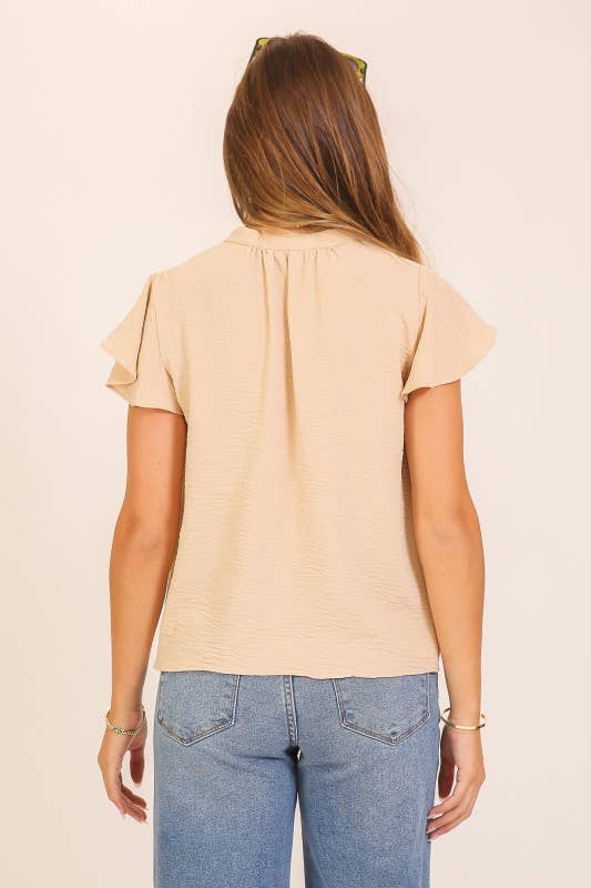 Alexandra Flutter Sleeve Tie-Front Blouse - Beige