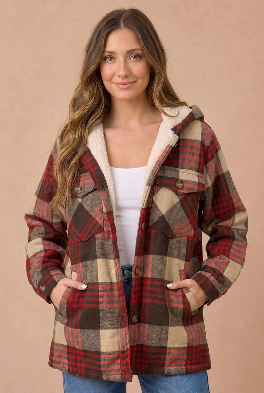 Emma Plaid Button Up Jacket With Fur Lined Hood