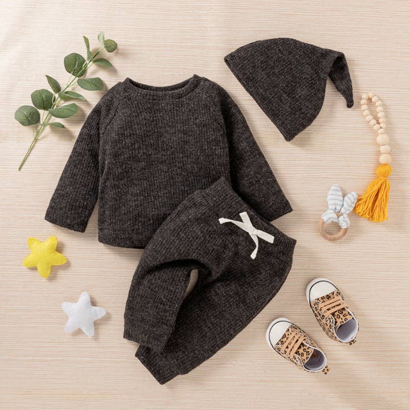 Baby BoyGirl 3pcs Solid Ribbed Long-sleeve and Trouser Set: Army green / 3-6 Months