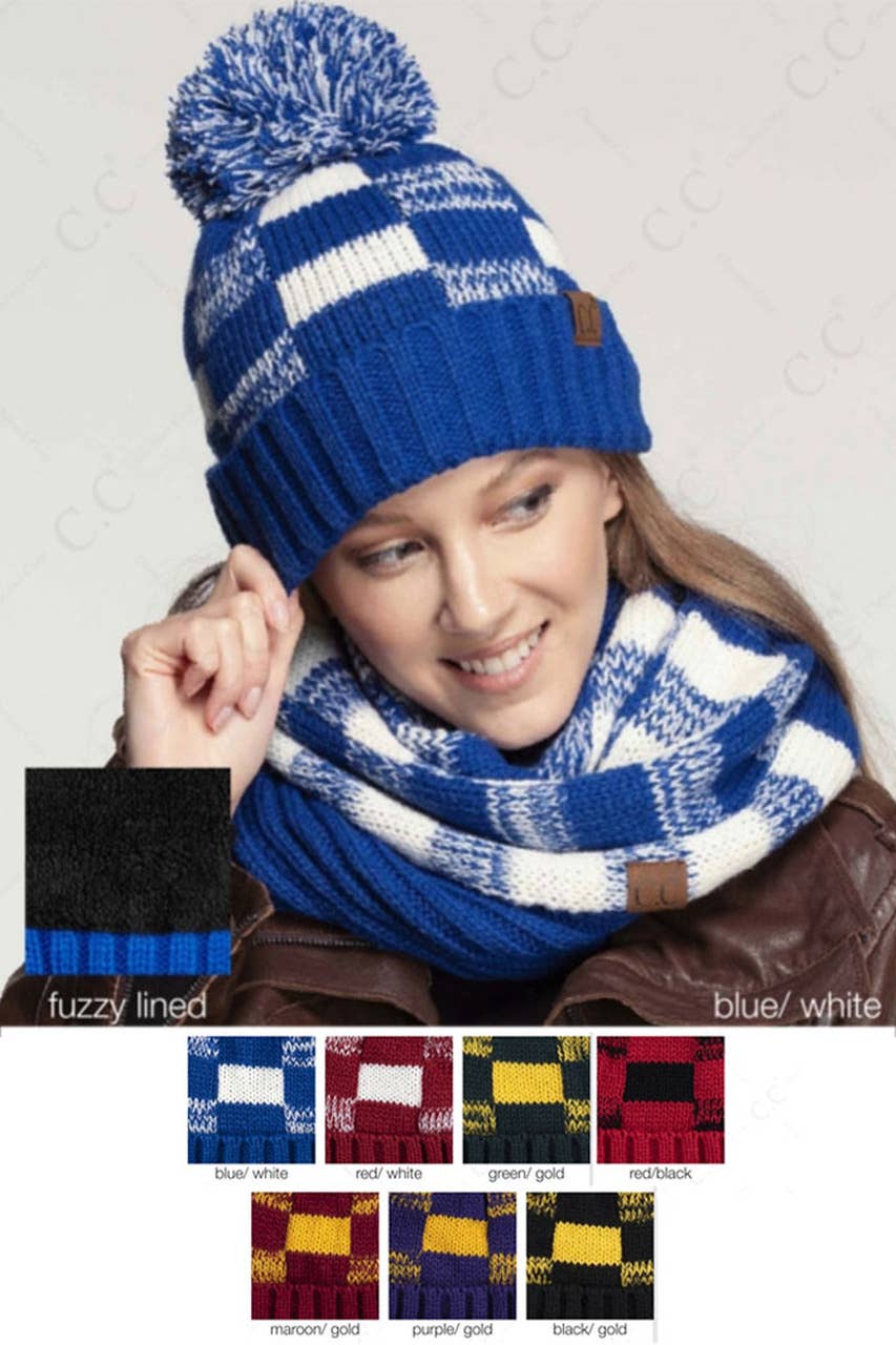 C.C Buffalo Check Team Color Beanie with Pom Winter Beanie: Maroon/Gold