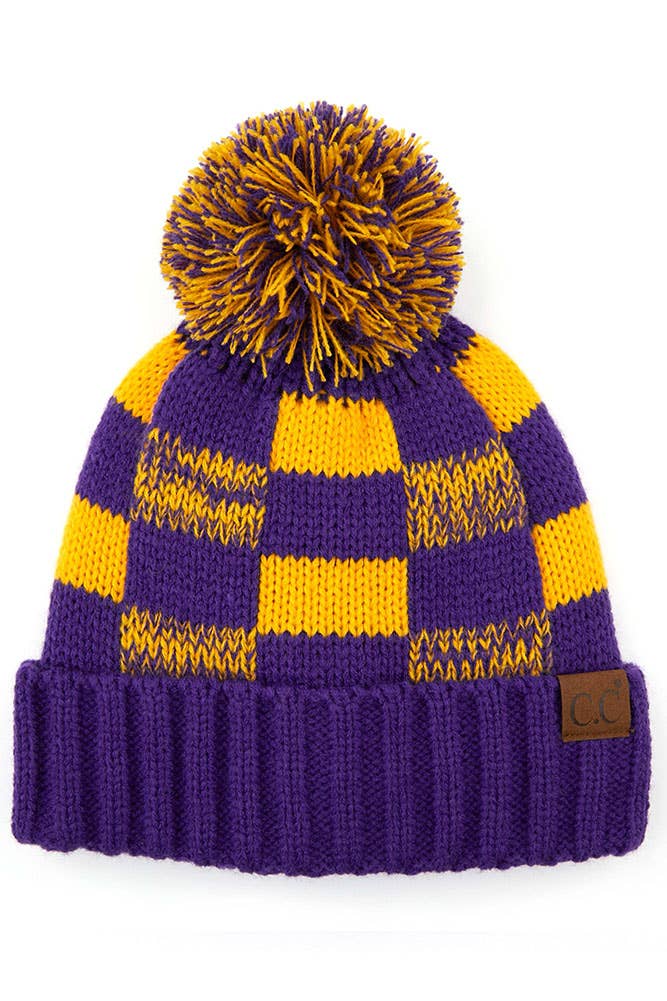 C.C Buffalo Check Team Color Beanie with Pom Winter Beanie: Black/Gold