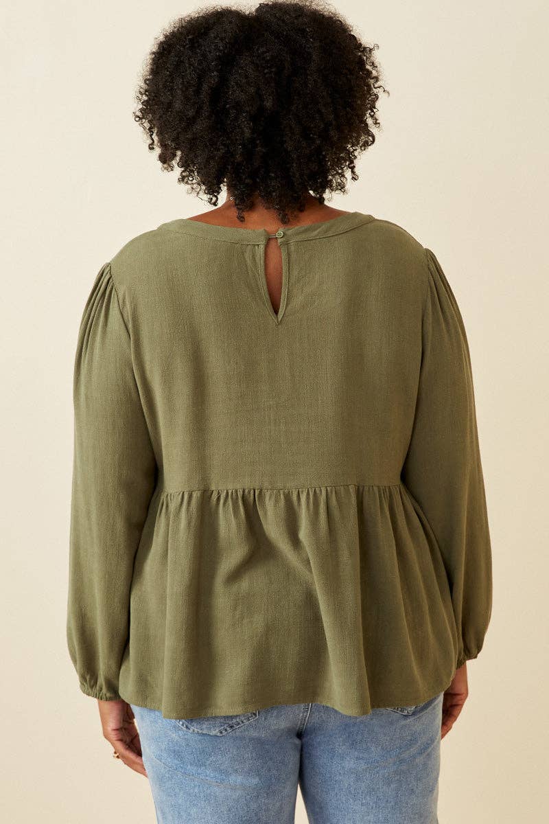 Plus Angela Embroidered Peplum Top - Olive