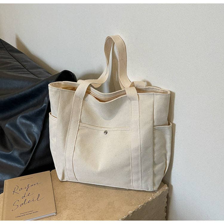 Medium Capacity Canvas Multi Compartment Tote Bag: Beige
