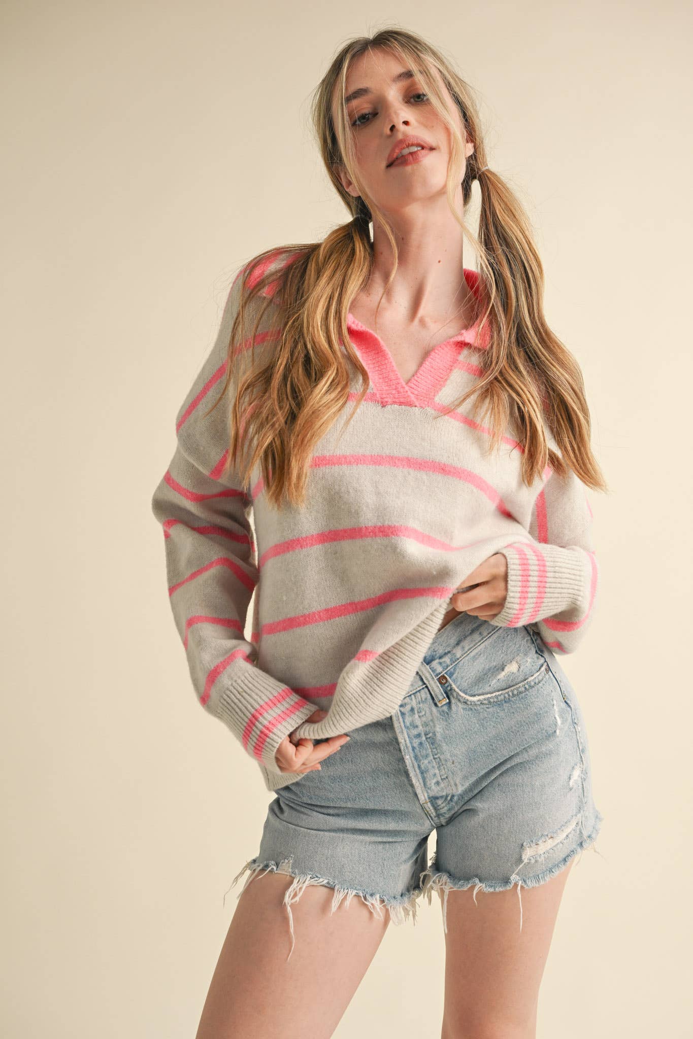 Lindsey Striped Collar Sweater Candy Pink/Gray
