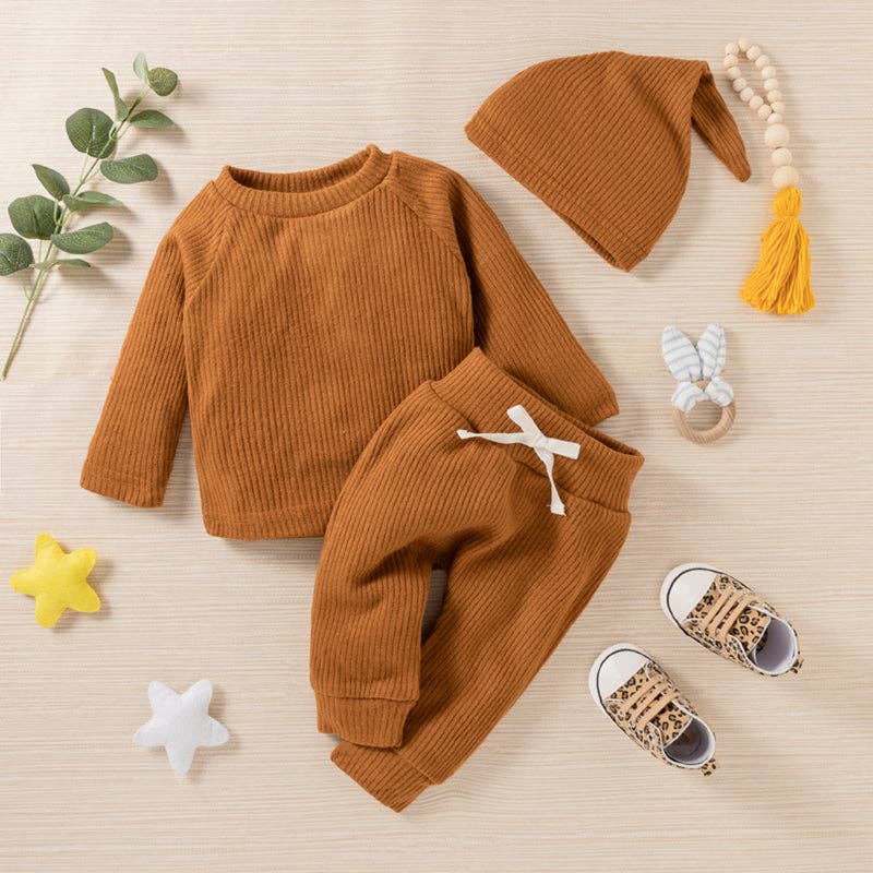 Baby BoyGirl 3pcs Solid Ribbed Long-sleeve and Trouser Set: Burgundy / 9-12 Months