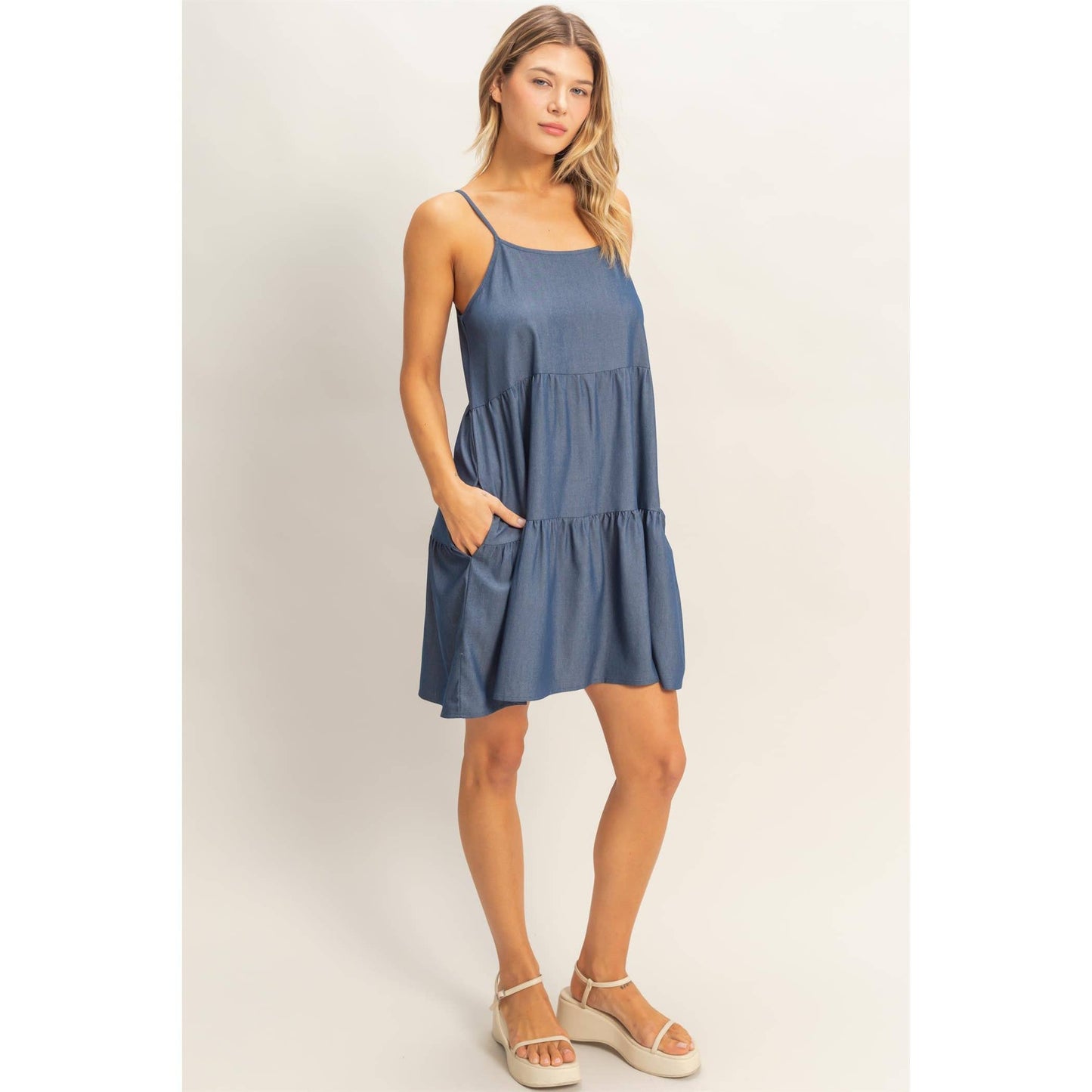 Laynie Tiered Spaghetti Strap Dress - Medium Wash Denim