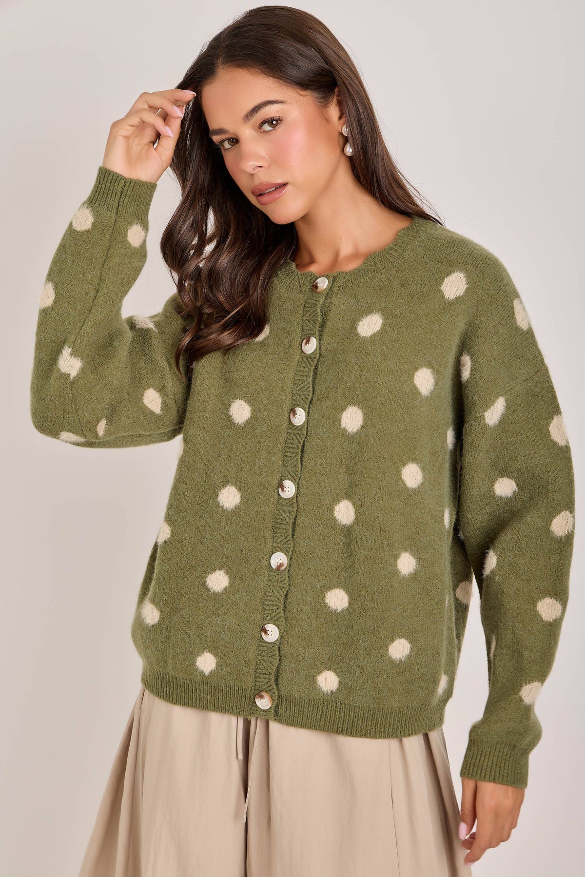 Chelsea Soft Polka Dot Sweater Cardigan: Olive/Oatmeal