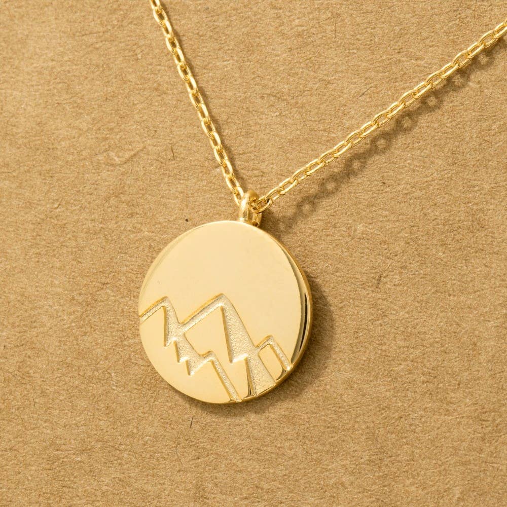 Gold Dipped Etched Mountain Coin Pendant Necklace: G