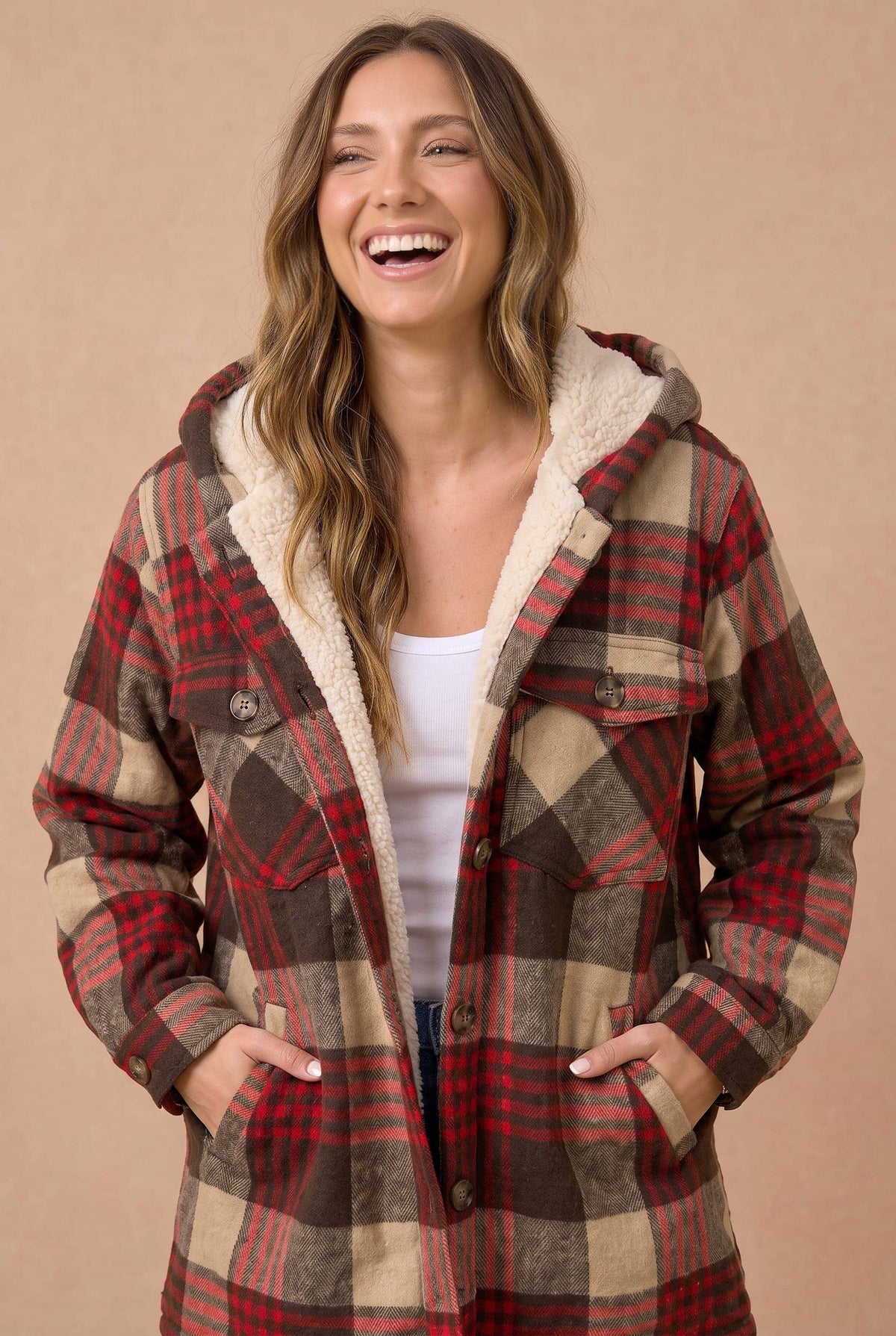 Emma Plaid Button Up Jacket With Fur Lined Hood