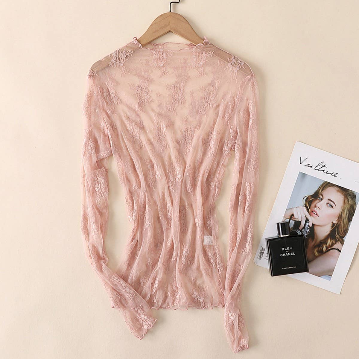 Sexy Mesh Blouse - Long Sleeve Lace Top for Women_CWTBLL3619: APRICOT / (L) 1