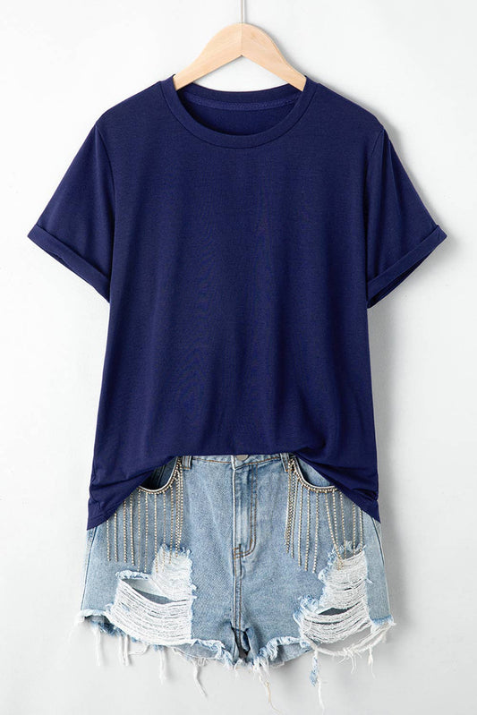 Casual Solid Crew Neck Tee - Navy