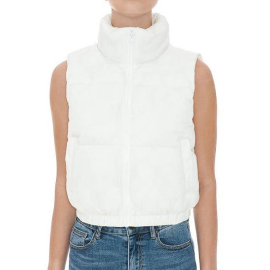 Nylon High Neck Faux Down Puffer Vest - Ivory