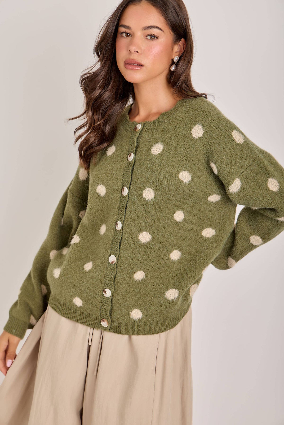 Chelsea Soft Polka Dot Sweater Cardigan: Olive/Oatmeal