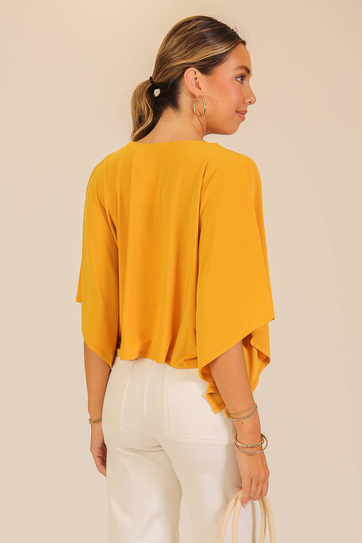 Auriona Flowy V-Neck Poncho Top - Mustard