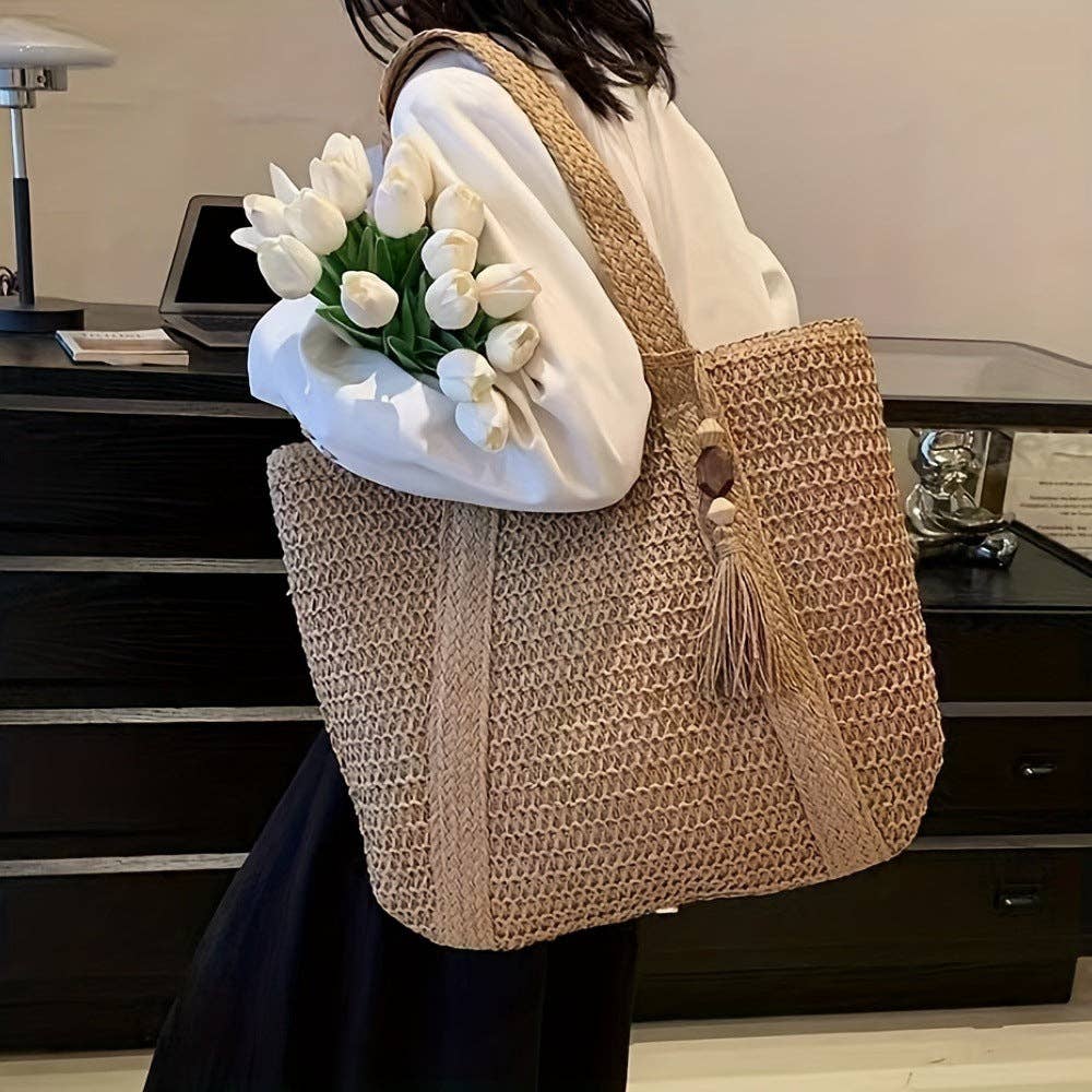 Straw Woven Beach Tote Bag: Khaki