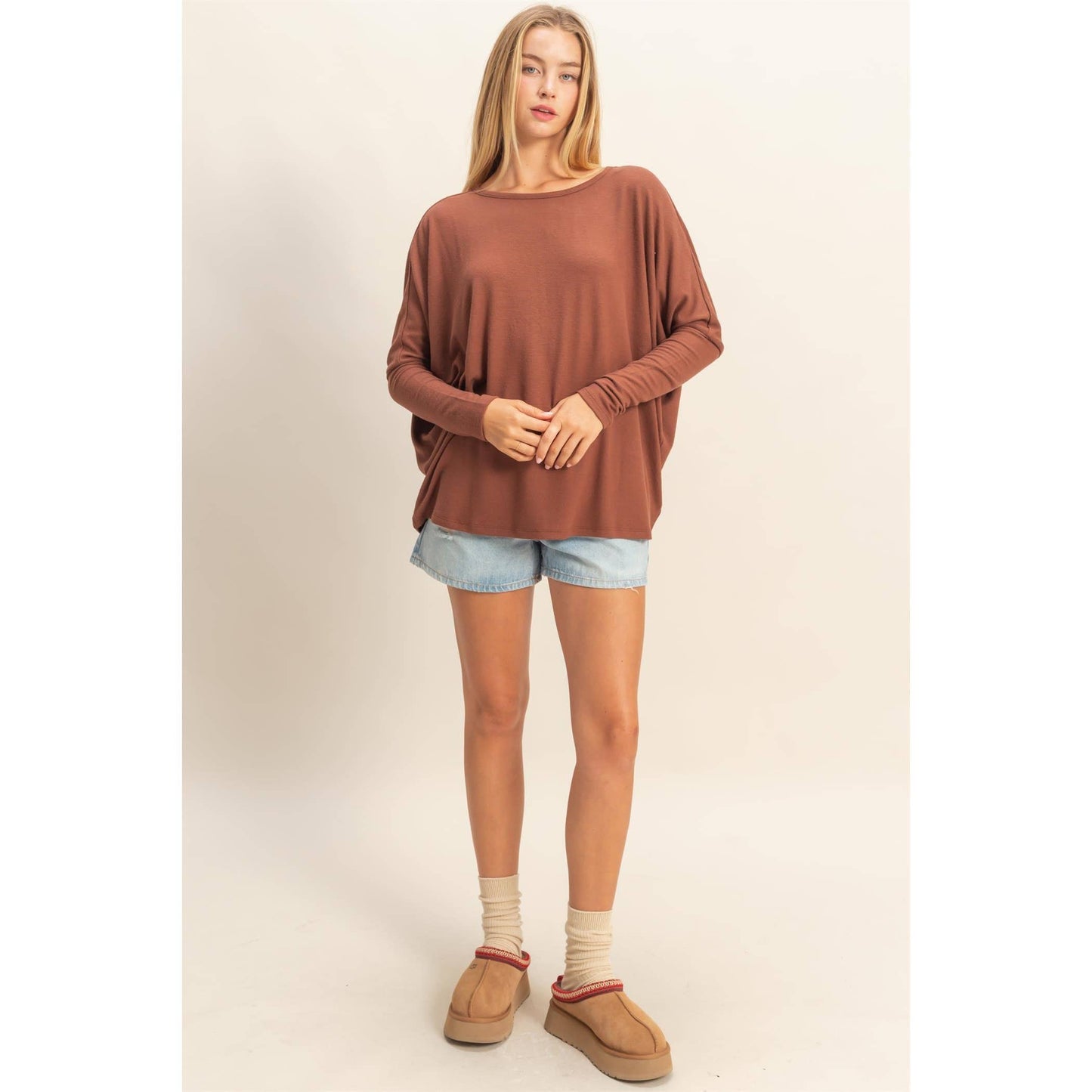 Riley Relaxed Fit Dolman Long Sleeve Top - Chestnut