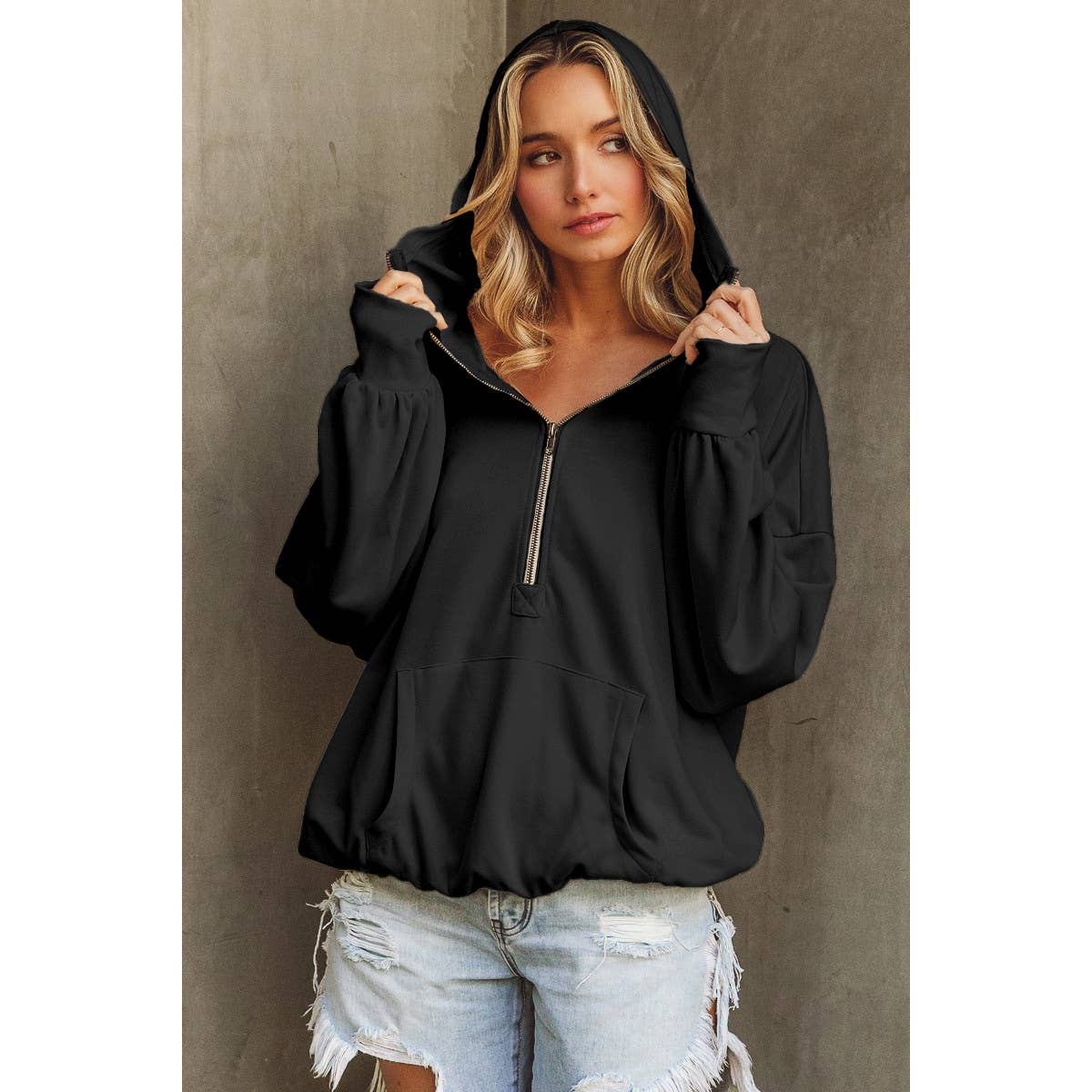 Michelle Half Zip French Terry Hooded Pullover - Black