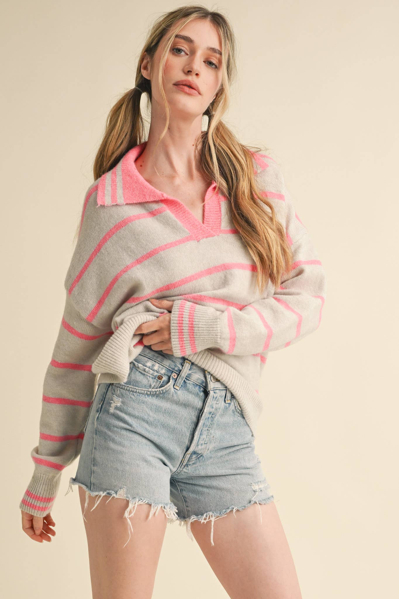 Lindsey Striped Collar Sweater Candy Pink/Gray