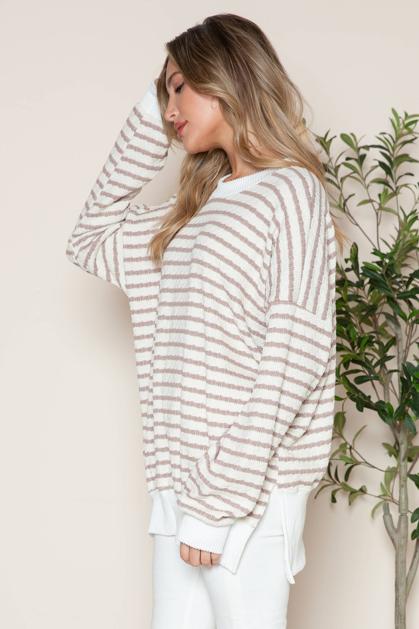 Avery Cotton Stripe Tunic With Side Slits - Taupe