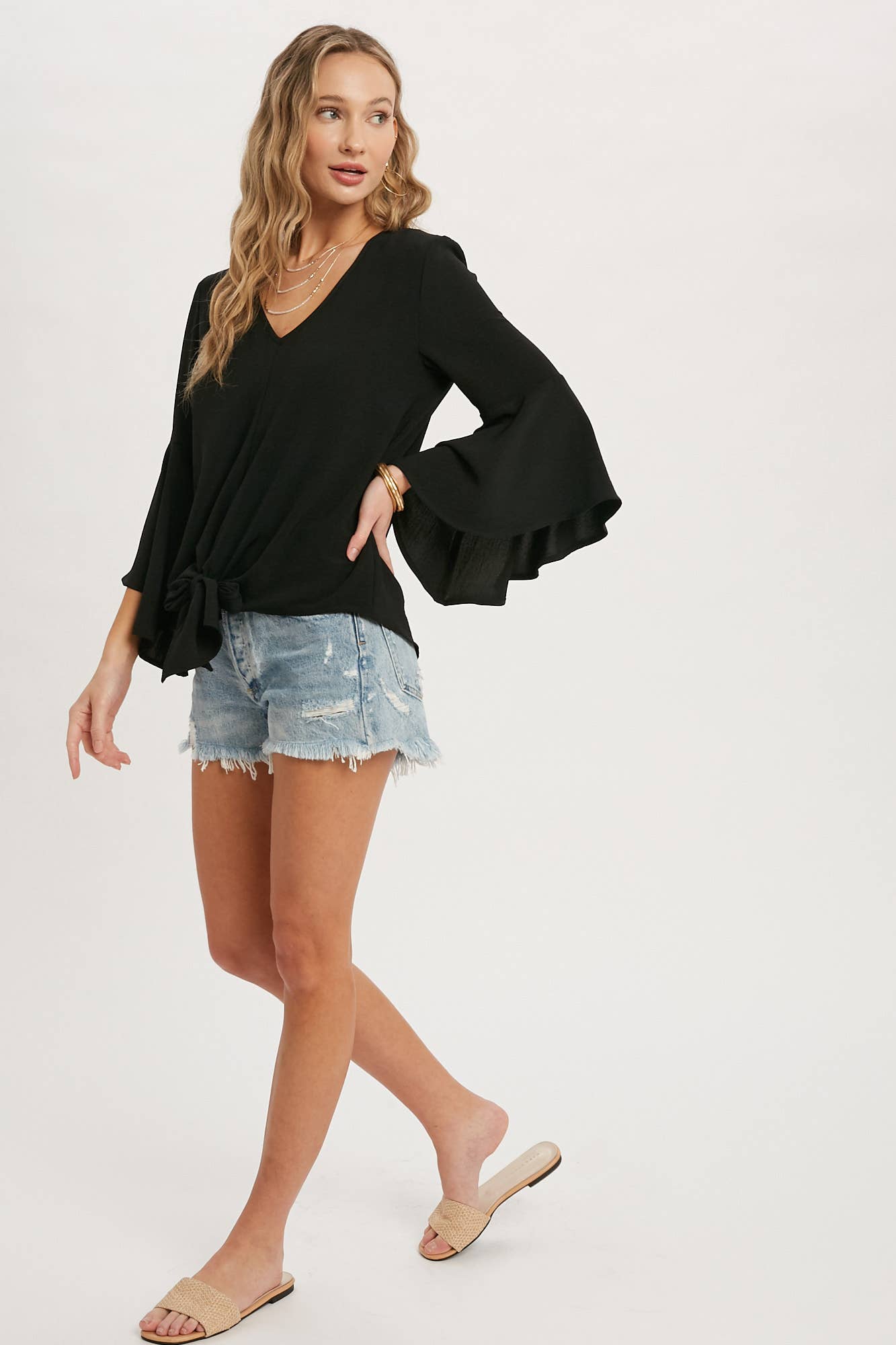 Alaina Front Tie Bell Sleeve Blouse - Black
