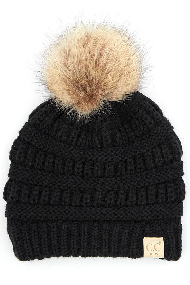 C.C Kids Solid Ribbed Beanie with Pom: Black