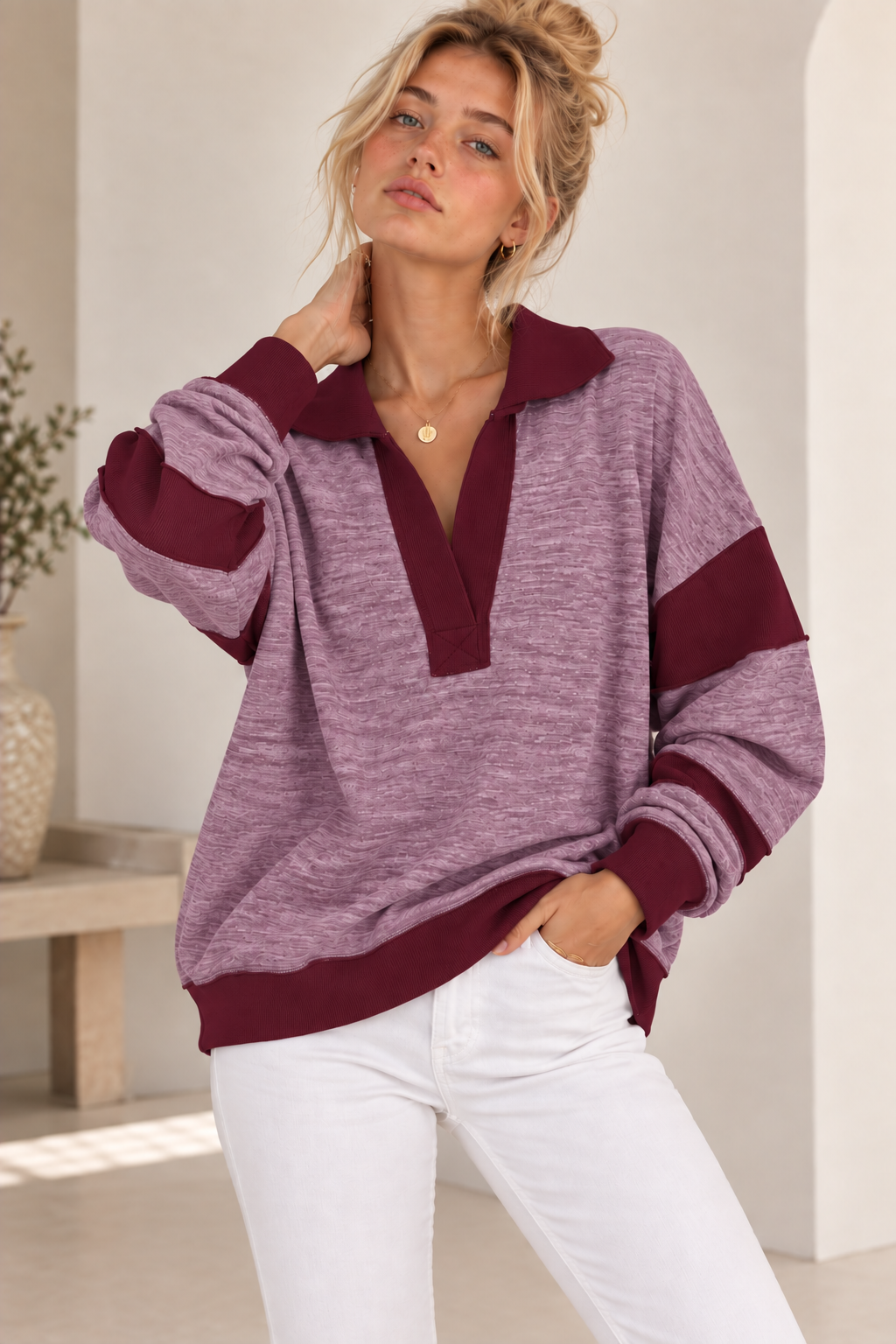 Harper Super Soft Heathered Fleece Contrast Polo - Burgundy