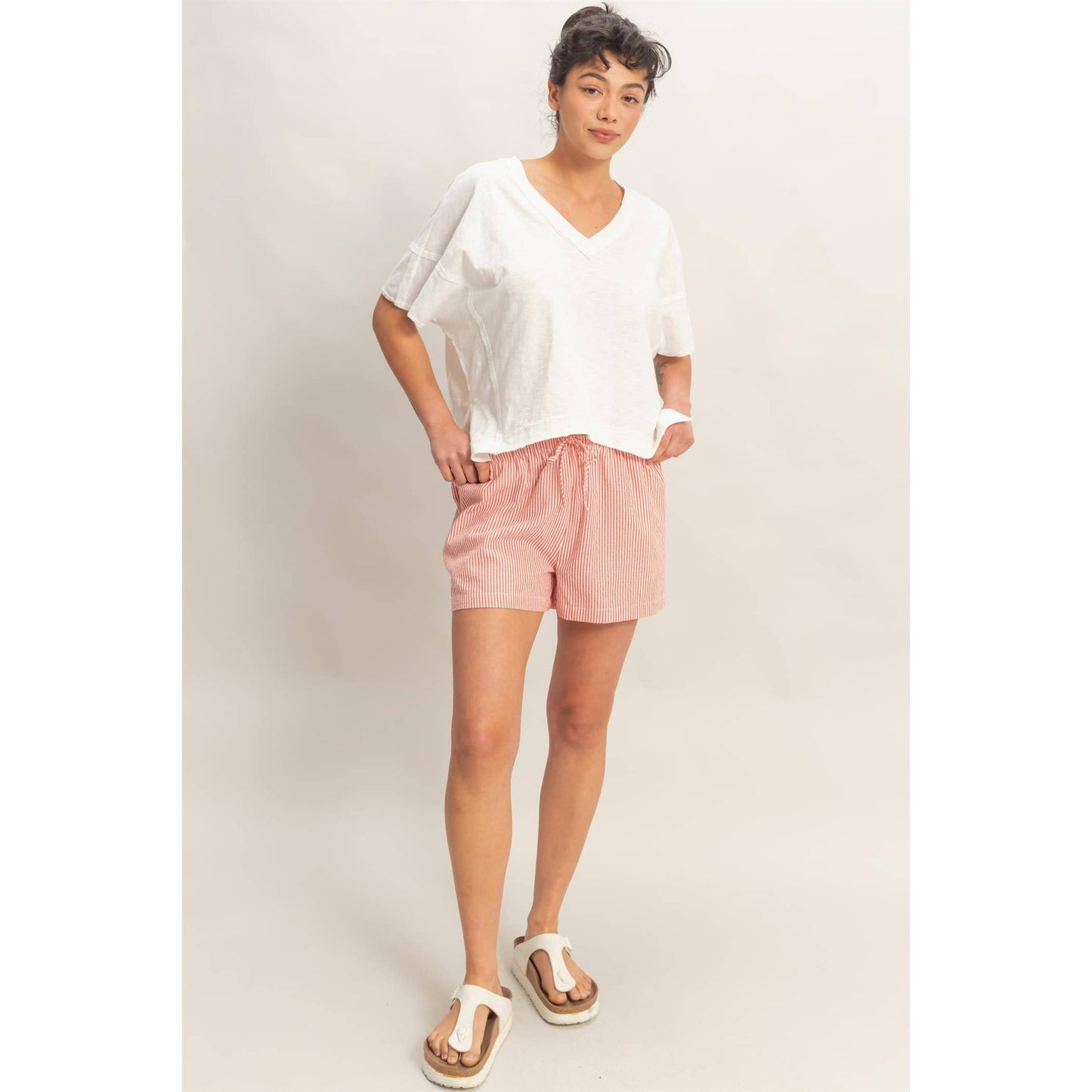 Red Striped Drawstring Waist Shorts