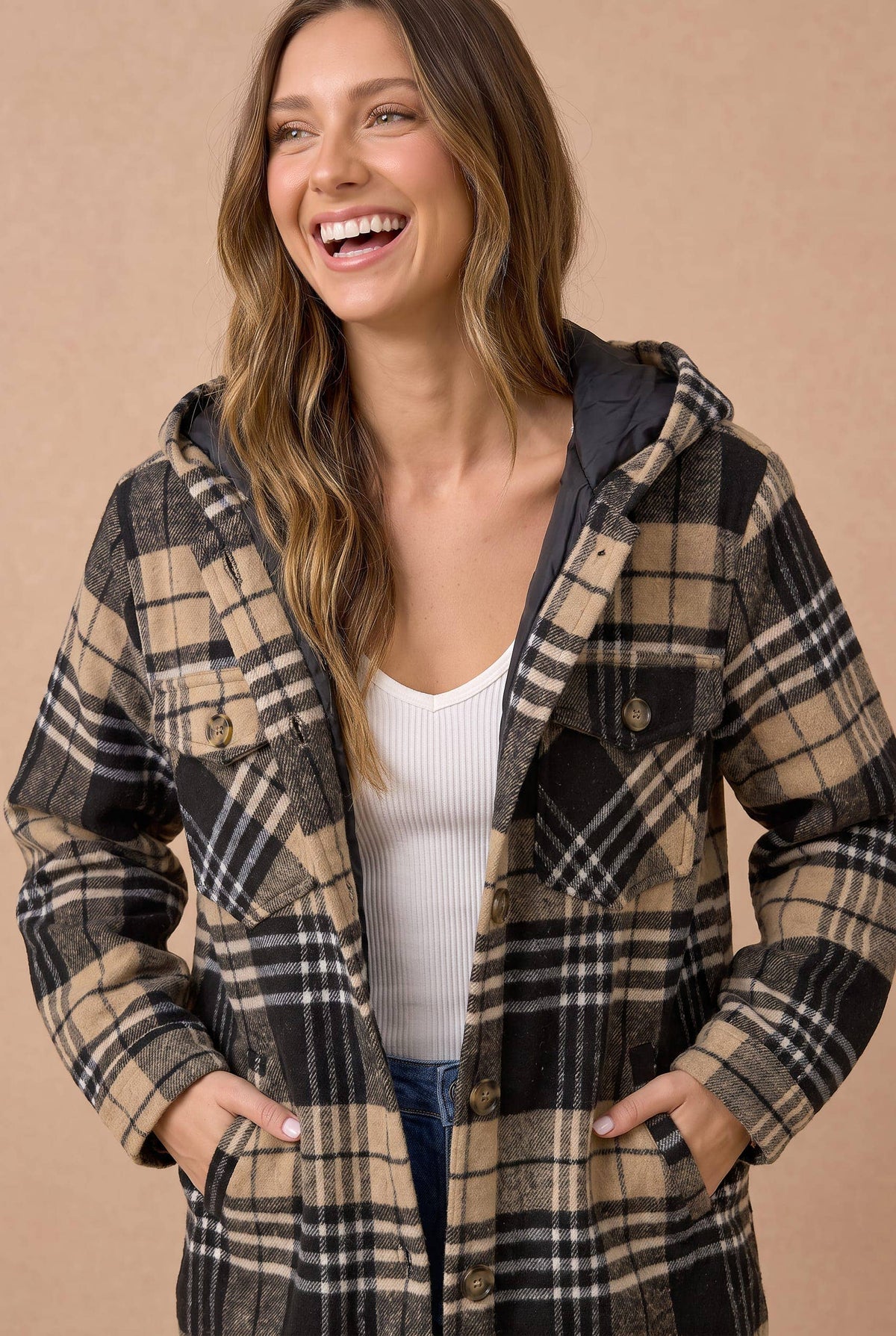 Shay Long Sleeve Plaid Button Up Hooded Jacket