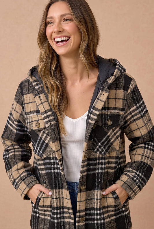 Shay Long Sleeve Plaid Button Up Hooded Jacket