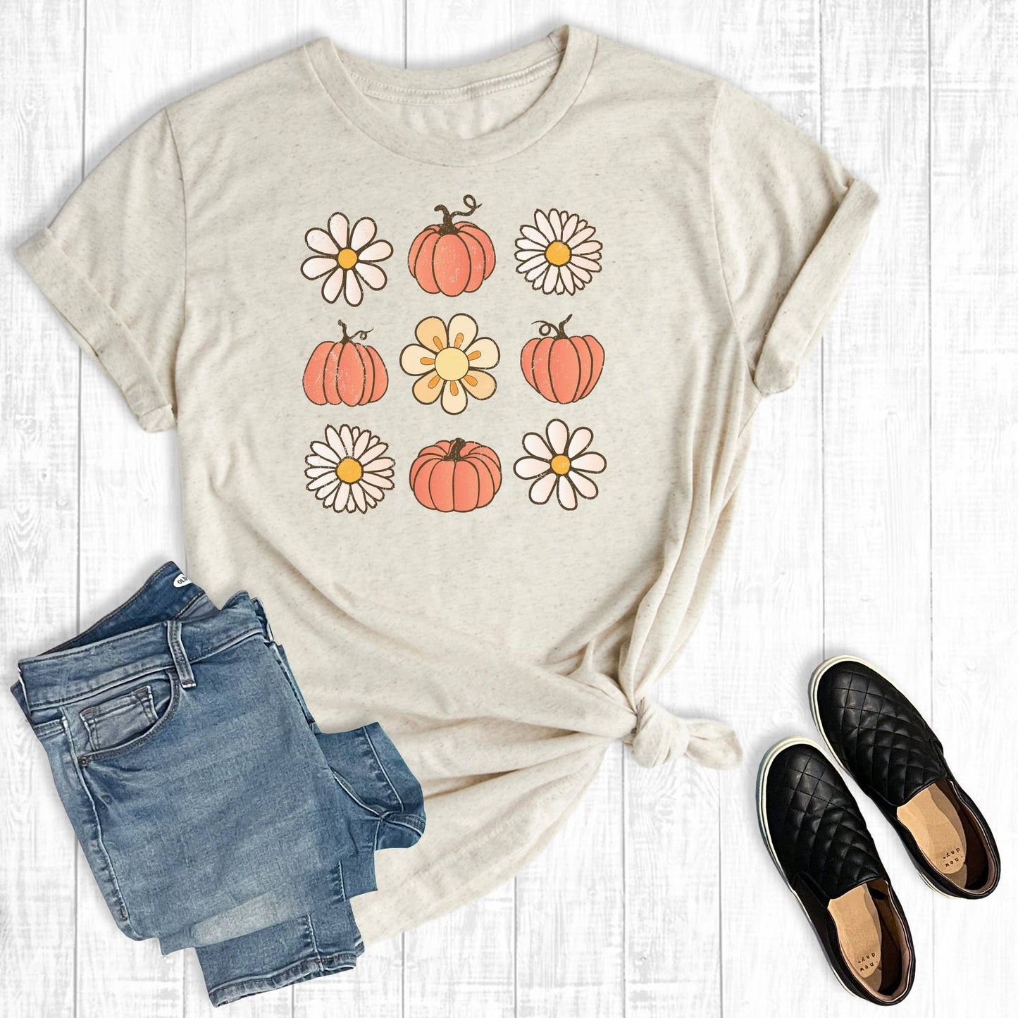 Retro Fall Pumpkin Flowers Graphic Tees: Oat / S / Short Sleeve