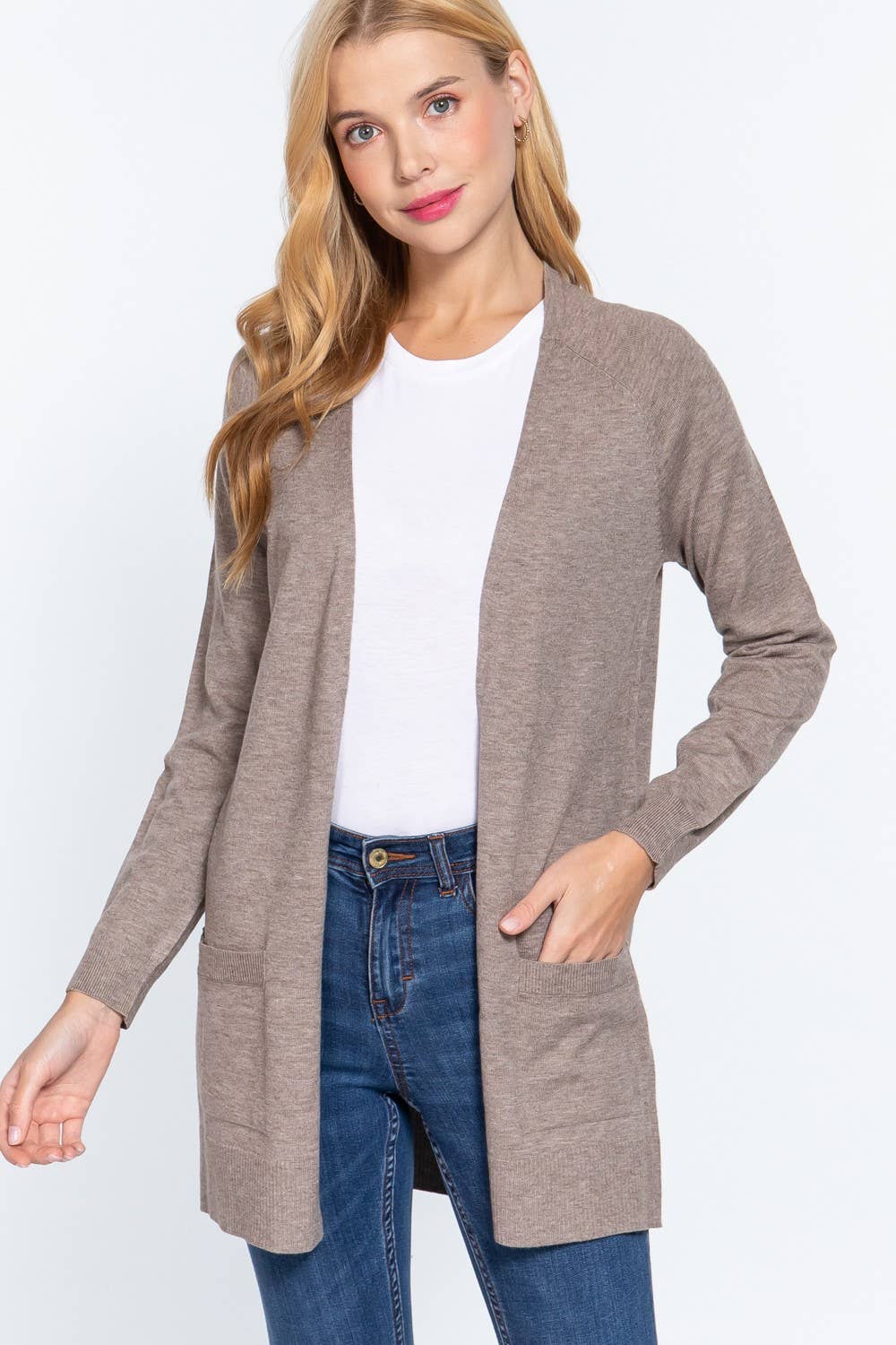 Long Raglan Sleeve with Pocket Open Sweater Cardigan: Brn-Cocoa Brown / L