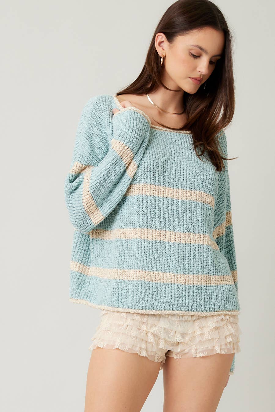 Lyla Lightweight Round Neck Sweater: Mint Oatmeal