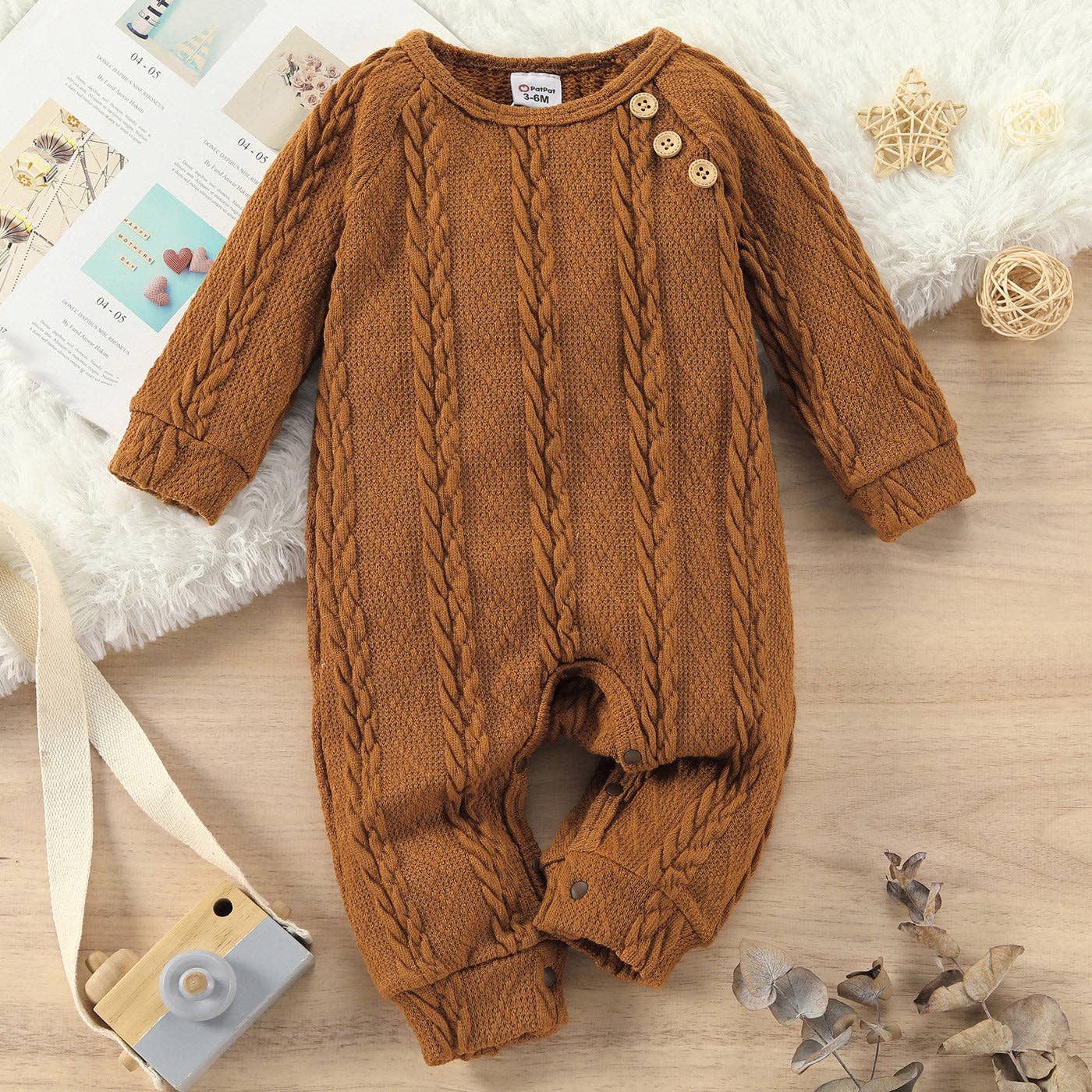 Baby Boy Solid Cable Knit Long-sleeve Jumpsuit: Brown / 6-9 Months