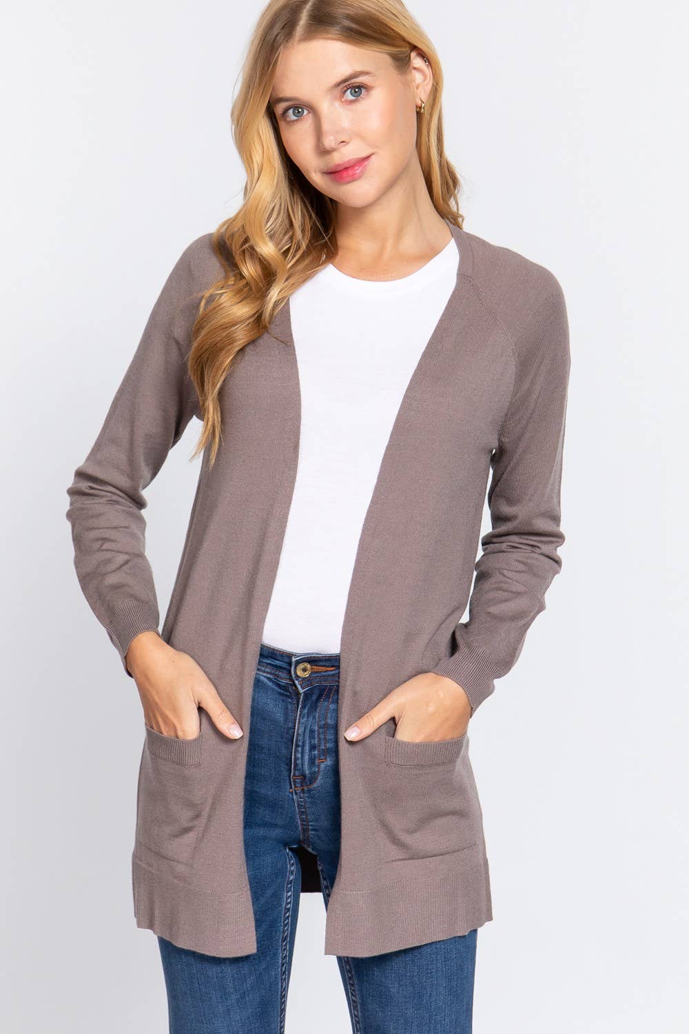 Long Raglan Sleeve with Pocket Open Sweater Cardigan: Brn-Cocoa Brown / L