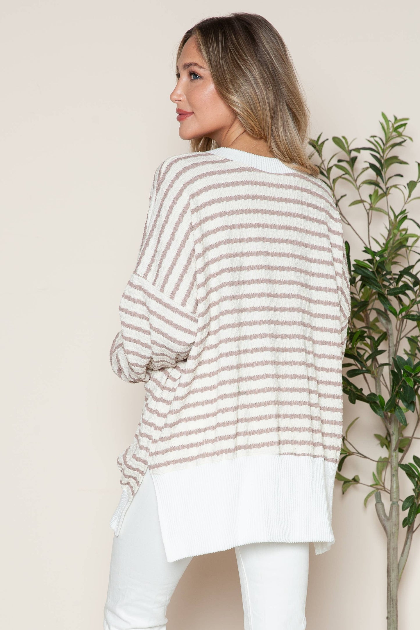 Avery Cotton Stripe Tunic With Side Slits - Taupe