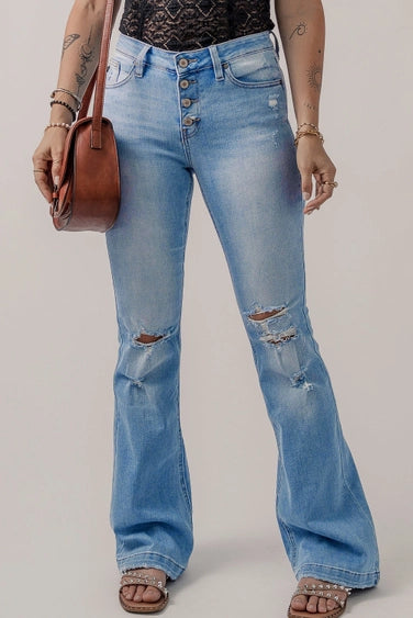 High Waist Ripped Knee Flare Jeans