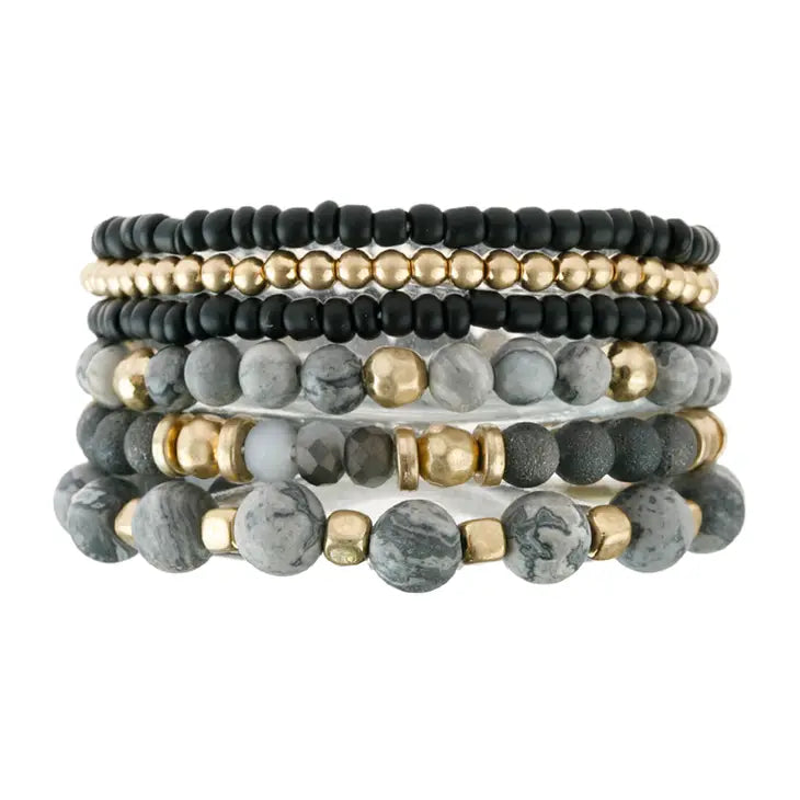 Gray & Black Natural Stone And Bead Stack Bracelet Set