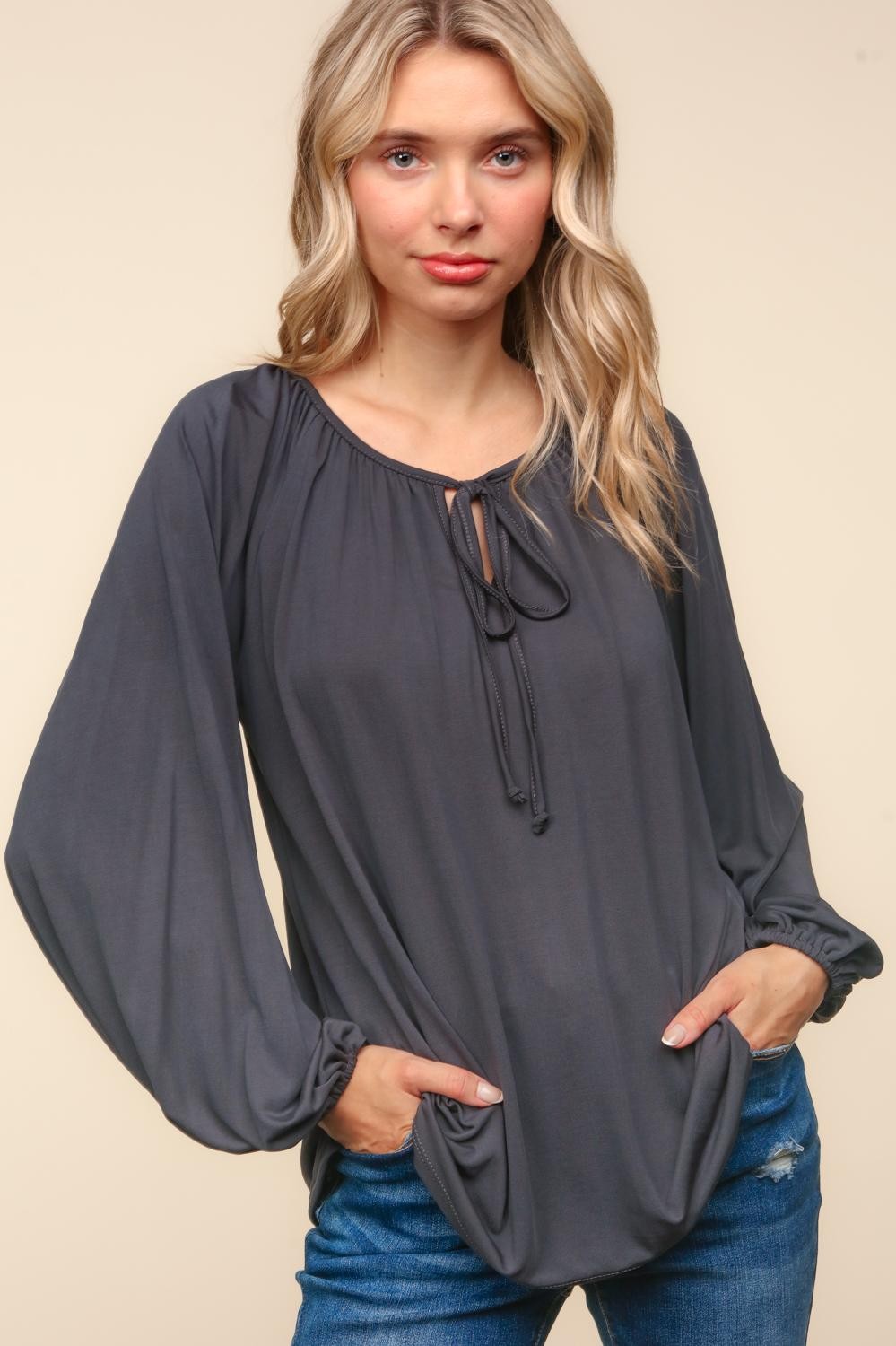 Ava Charcoal Knit Peasant Top