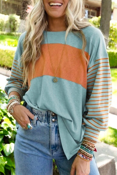 Carrie Colorblock Striped Bishop Sleeve Top