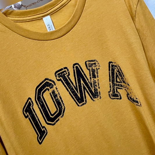 Mustard Distressed Font Iowa Tee