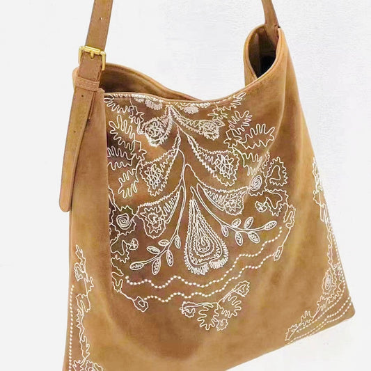 Bohemian Embroidered Velvet Tote: Light Camel