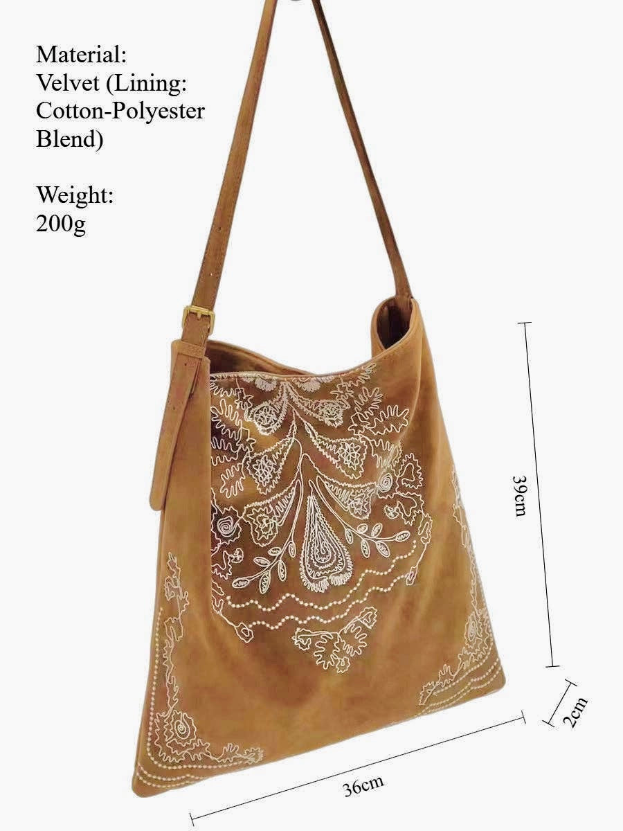 Bohemian Embroidered Velvet Tote: Light Camel