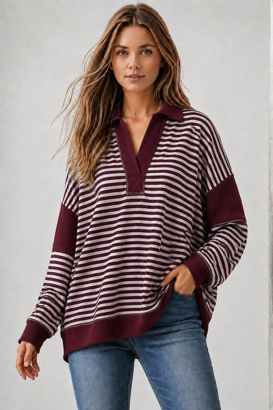 Harper Super Soft Striped Contrast Polo - Burgundy