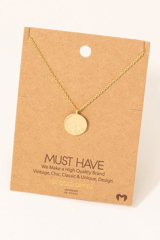 Etched Mountain Coin Necklace 18K Gold Dipped
