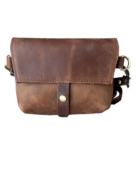 Genuine LeatherMagnetic Snap Crossbody Bag - Dark Brown