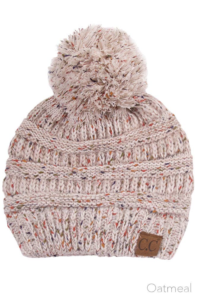 C.C Confetti Knit Beanie With Pom: Oatmeal
