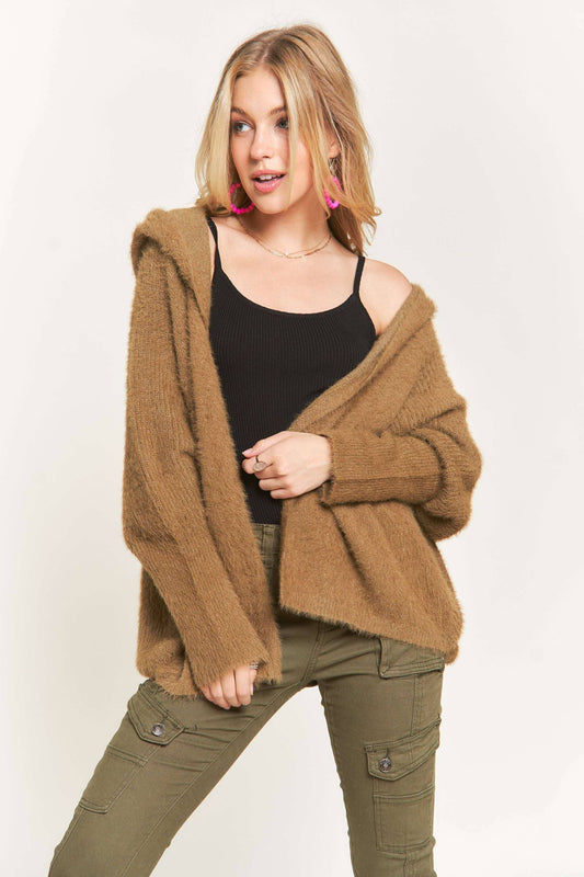 Sadie Soft Fuzzy Hoodie Cardigan - Dark Olive
